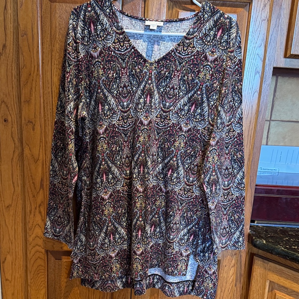 J. Jill Gray and Red Patterned Top